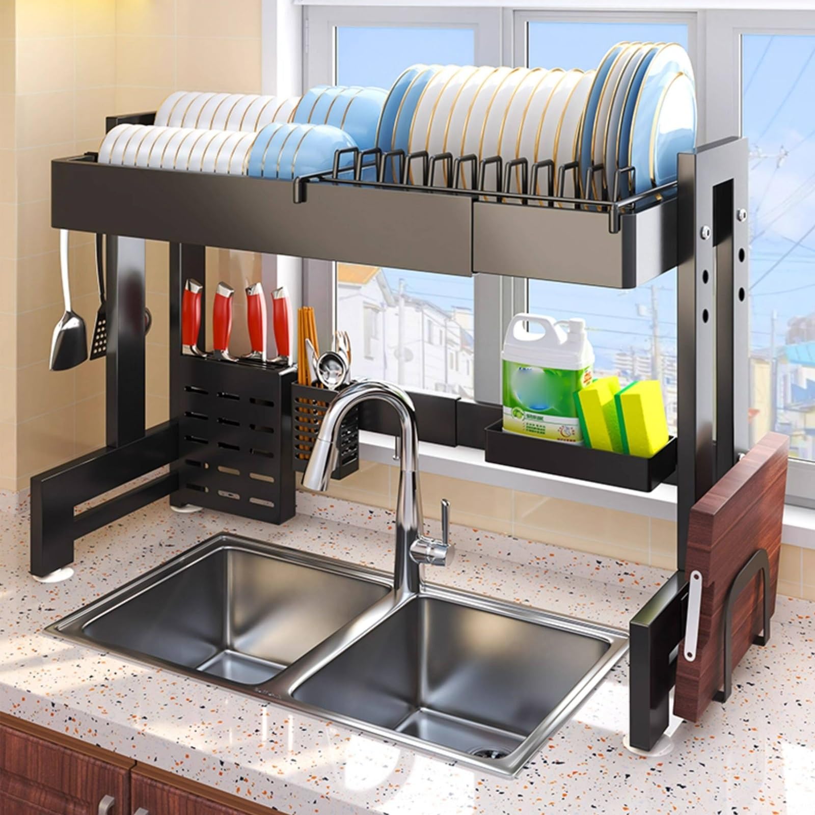 Scolapiatti regolabile antiruggine da mettere sopra il lavello, organizer salvaspazio da cucina per piatti, tazze, ideale per cucine compatte, design resistente