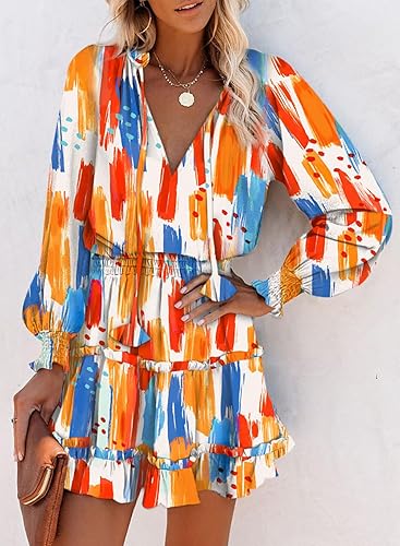 Miniatura 3 de Dokotoo - Vestidos de verano para mujer, bohemio, floral, con cordón ajustable, cuello en V, manga larga, con fruncido, volantes, escalonado