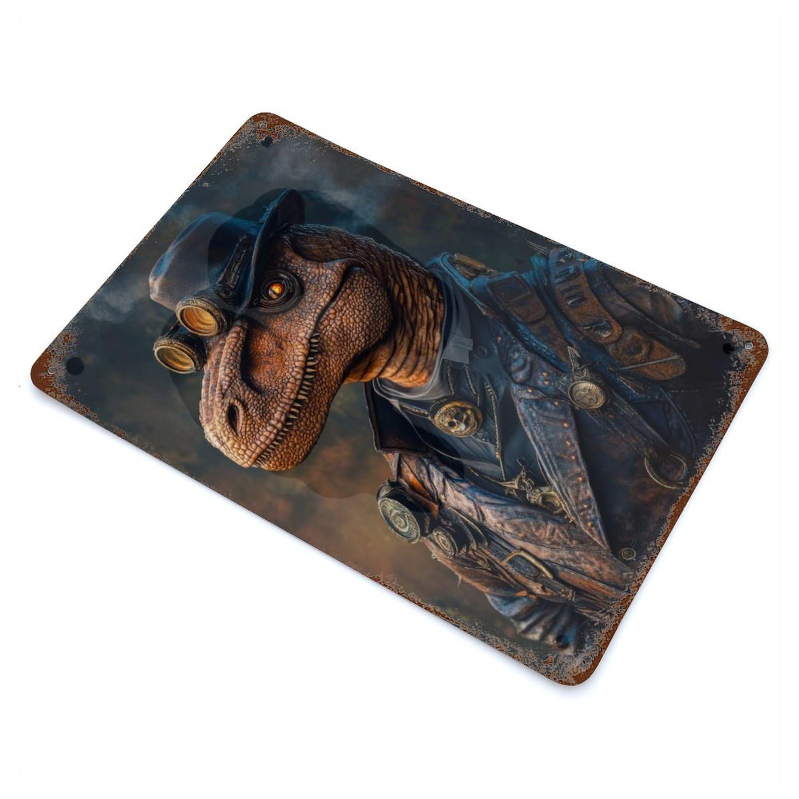 Garage Style Cool Steampunk Raptor Dinosaur Distressed Metal Wall Sign 11.8"x7.9", Decorative Metal Wall Art for Bar And Workshop
