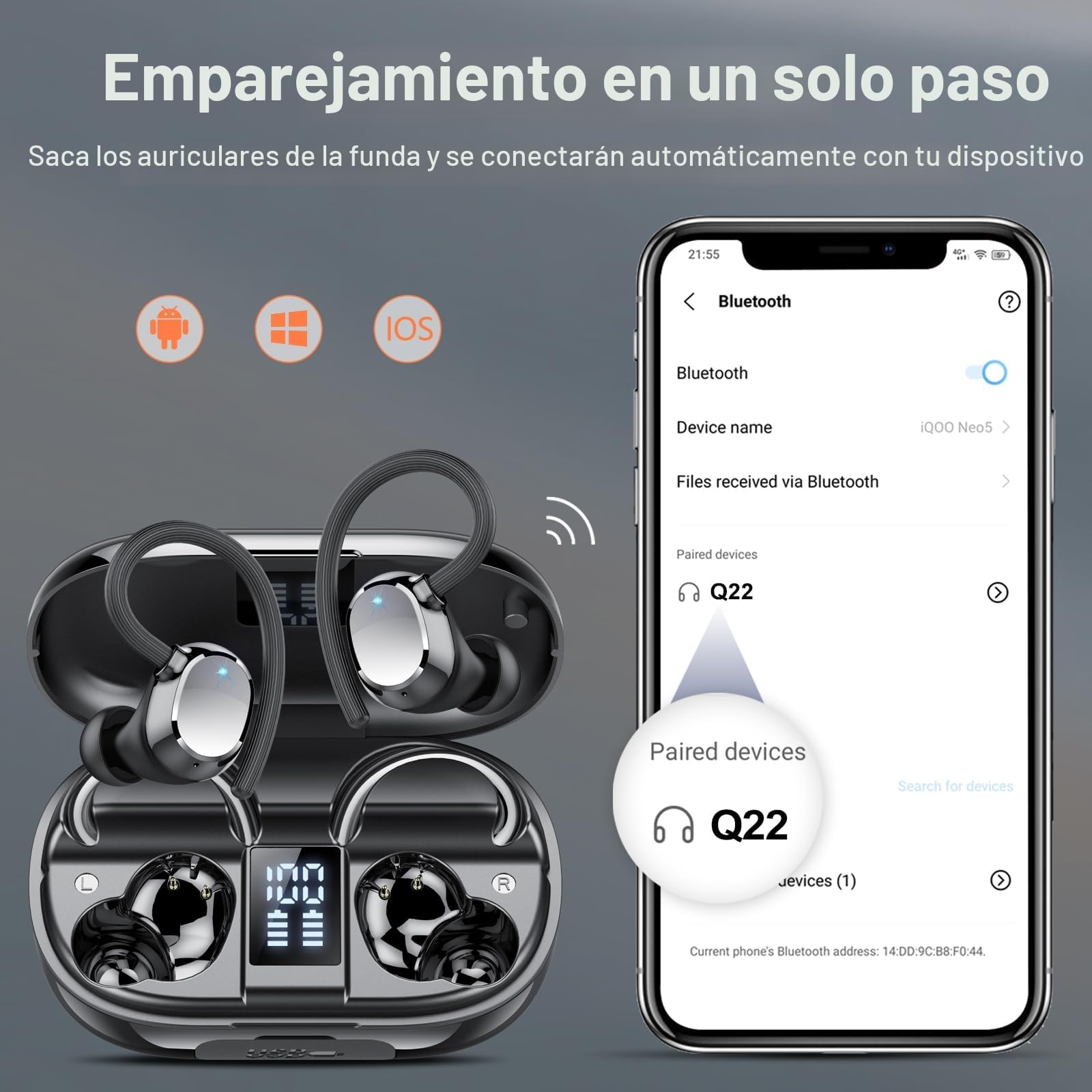 Auriculare Inalámbricos Deportivos, 2026 Nueva Auriculares Bluetooth 5.3 con HD Mic, 128H Cascos Inalambricos Bluetooth con Pantalla LED, IP7 Impermeable, Cancelacion Ruido ENC Auriculares Running