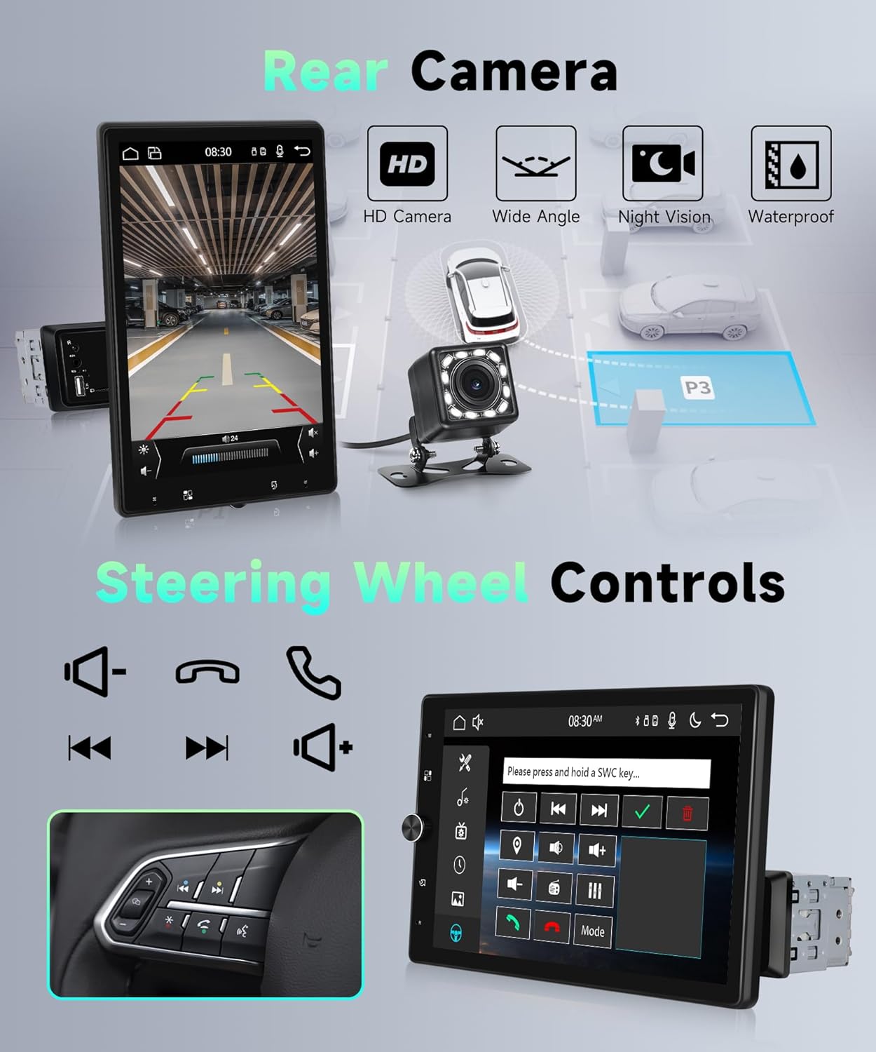 Image showing the rear camera view on the car stereo screen and an illustration of steering wheel controls.