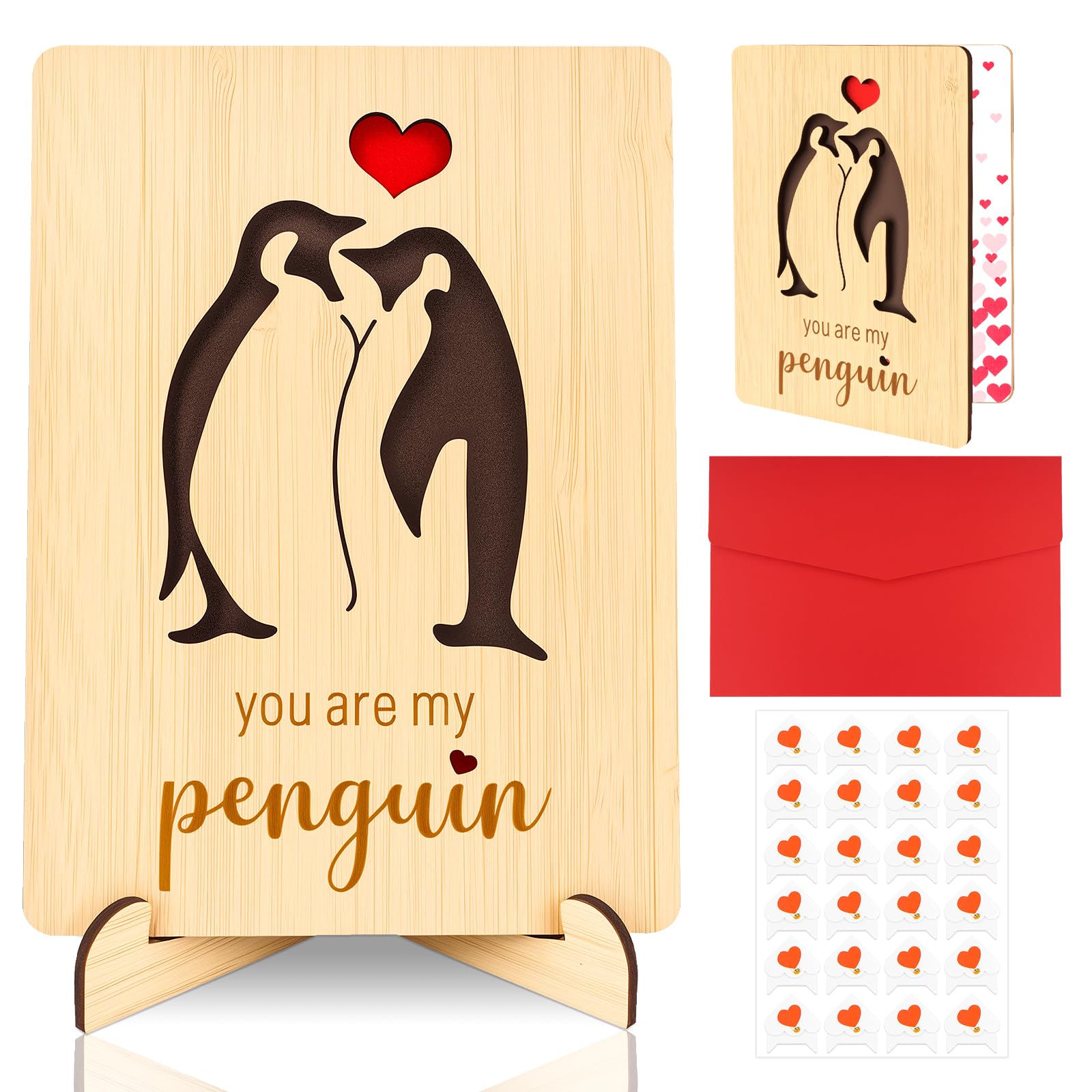 Valentines Day Card with Stand, Wooden Handmade Greeting Card with Envelopes Heart Stickers, Penguin Pattern love Greeting Cards, Unique Valentine's Day Wedding Anniversary Present for Couple
