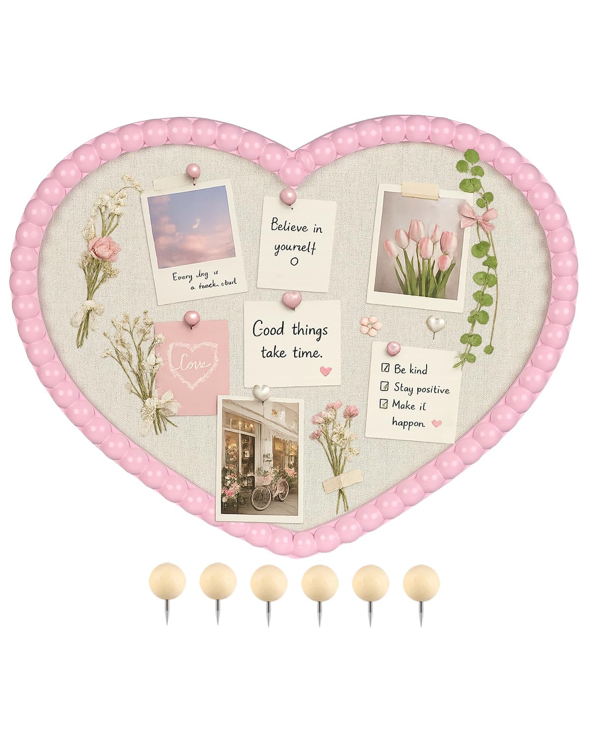 Umtiti 33 x 43 cm Heart Shaped Linen Bulletin Board, Pink Beaded Wood Frame Cork Board Alternative, Decorative Memo Board for Wall, Home Office & Bedroom Deco, Heart-3343PK