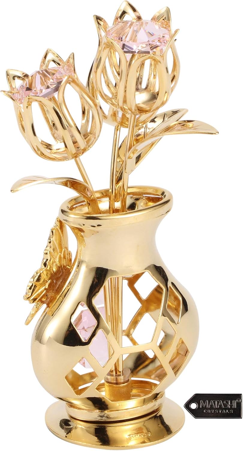 Matashi 24K Gold Plated Flower Ornament with Pink Crystals & Butterfly image 5