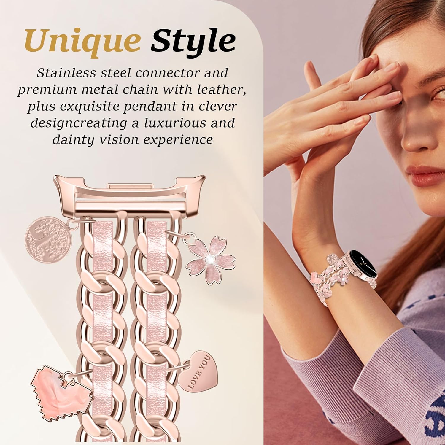 Stylish Metal Bands Compatible with Samsung Galaxy Watch 8 40mm 44mm/Galaxy Watch 8 Classic 46mm,Adjustable Double Chain Strap with Decorative Charms Accessories for Women - Image 3