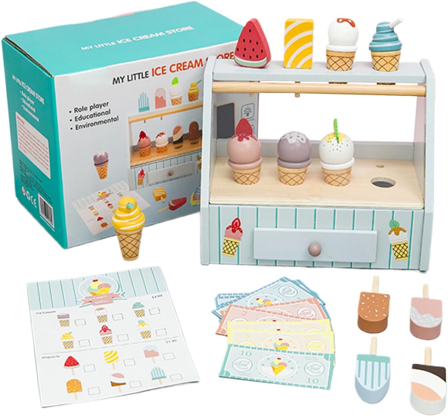 Wooden Ice Cream Toys - 12 Ice Cream Counter Shop | Educational Playset for Kids Toddler 3+ Years Old - Pretend Play Kitchen Food Toys, 10 Toy Banknotes, Birthday Gift for Girls Boys