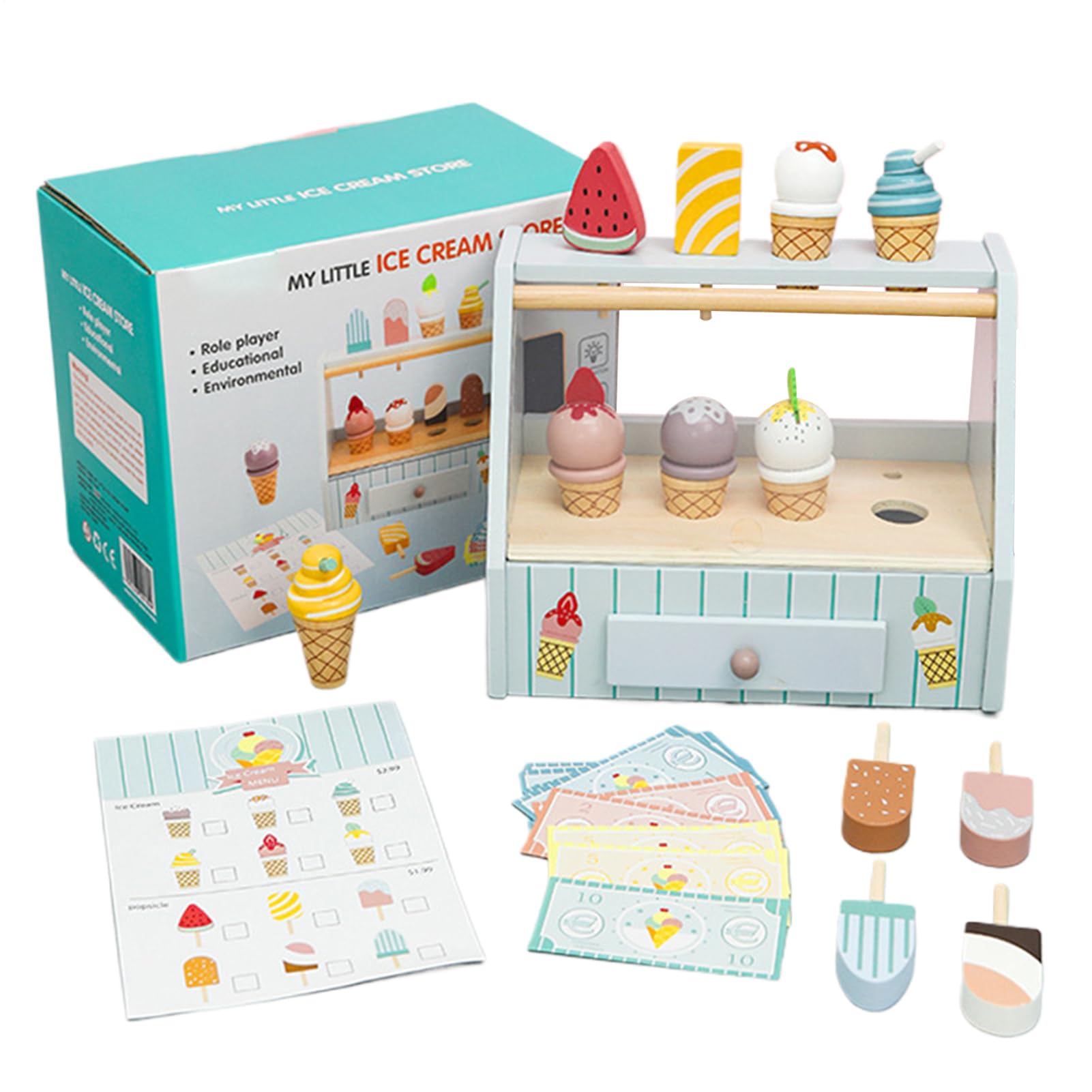 Wooden Ice Cream Toys - 12 Ice Cream Counter Shop | Educational Playset for Kids Toddler 3+ Years Old - Pretend Play Kitchen Food Toys, 10 Toy Banknotes, Birthday Gift for Girls Boys