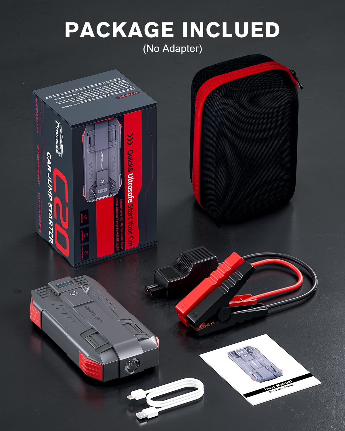 Povasee Starthilfe Powerbank für Pkw, 6000A Booster Auto Starthilfe (bis zu 10L Benzin/8L Diesel), Starter Powerbank mit Starthilfekabel, 12V Kfz Jump Starter mit LED und 2 USB-Ausgänge