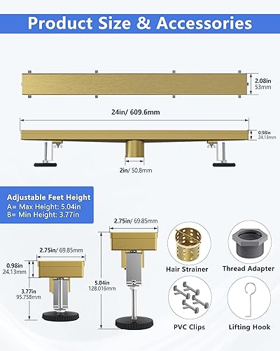 Miniatura 6 de YEFU Drenaje de ducha lineal dorado para baño drenaje de ducha de 24 pulgadas con rejilla de inserción de azulejos, drenaje lineal rectangular de