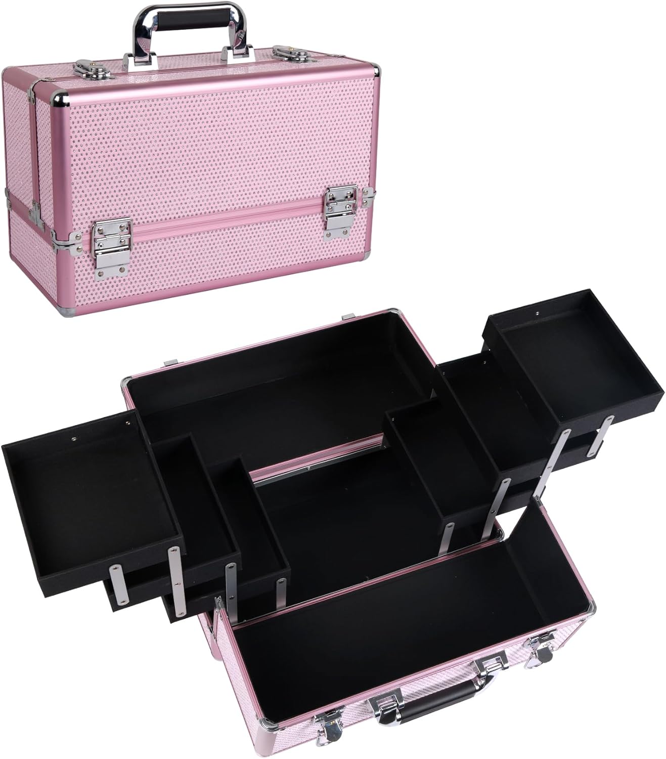 Large Makeup Train Case Cosmetic Organizer Case Makeup Box Portable Make Up Artist Travel Case with 6 Trays Dividers Lockable Hard Train Case Nail Tech Supply Storage – Crystal Pink
