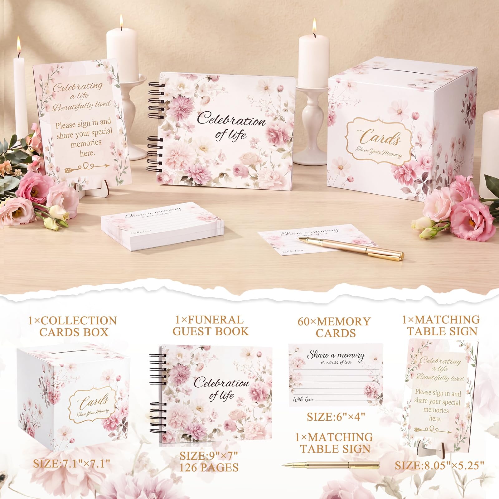 Engrowtic Juego de 64 libros de invitados funerarios para celebración de la vida, libro de invitados de madera en memoria amorosa con 60 tarjetas de memoria para compartir, caja de tarjetas, letrero