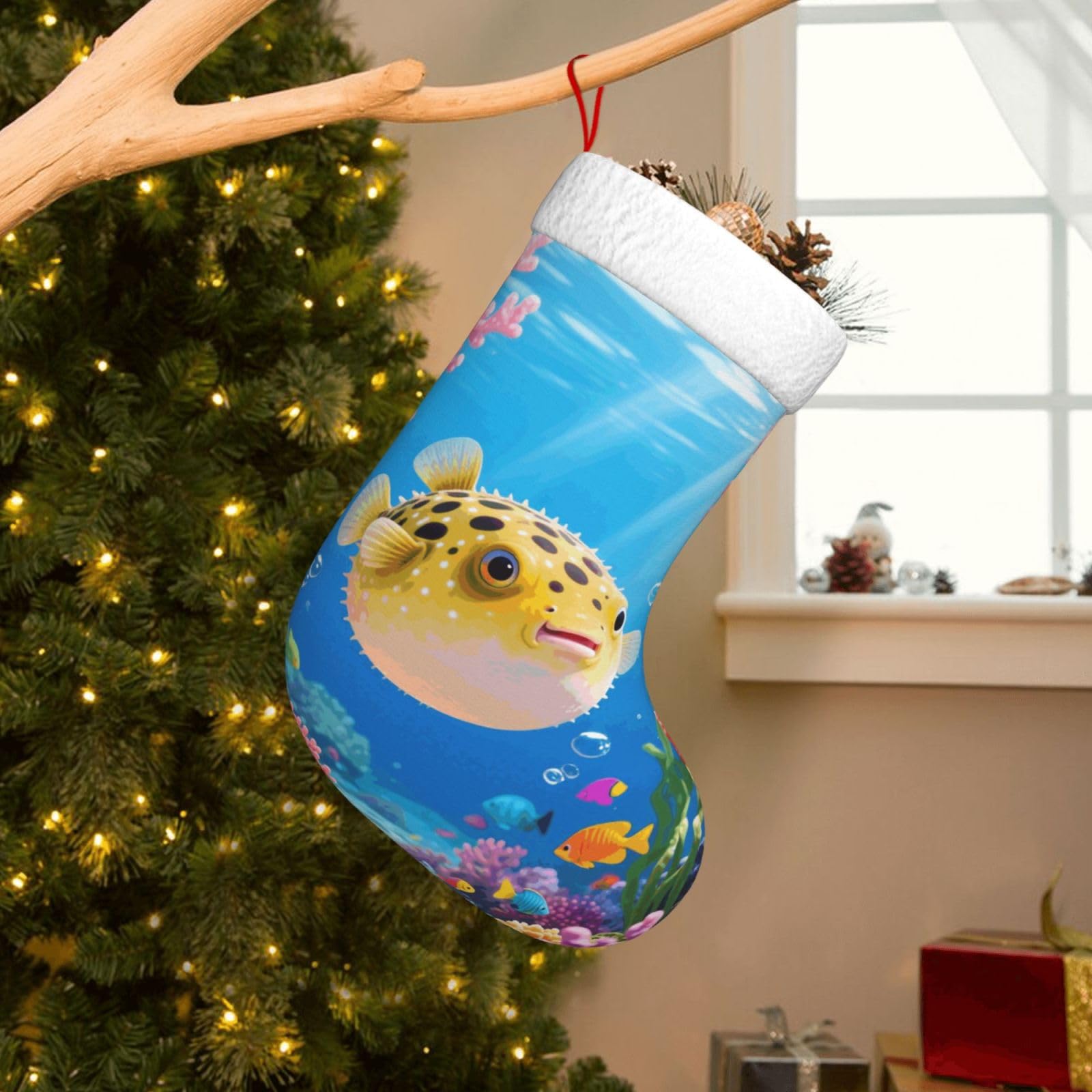 Velvet Christmas Stockings 17.7 Inch, Fish Xmas Stocking with Soft Cuff,Classic Personalized Christmas Tree Decoration for Family Holiday New Year Party Supplies