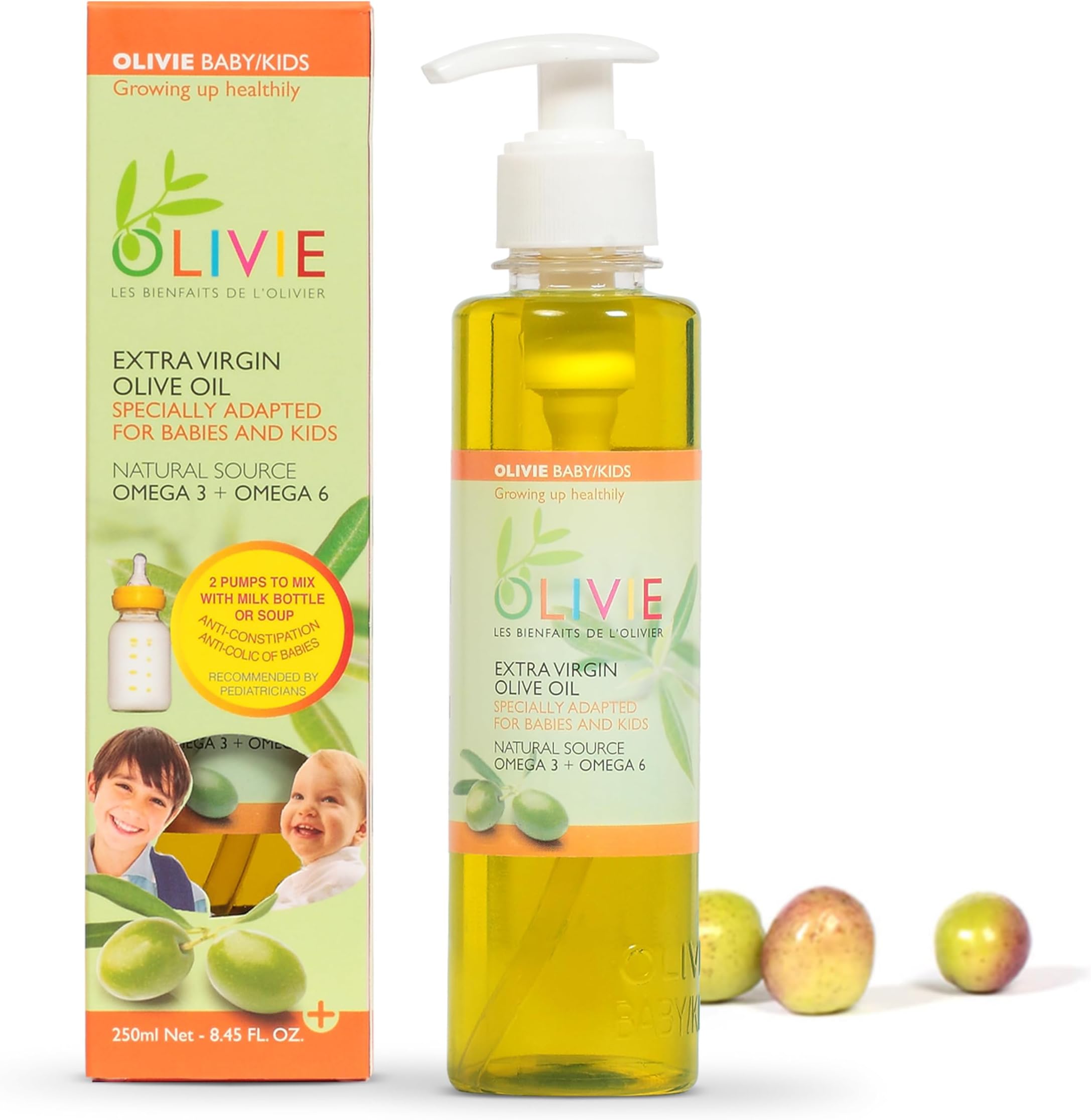 OLIVIE LES BIENFAITS DE L'OLIVIER Baby Kids - Extra Virgin - PET Dispenser Bottle in Carton Box
