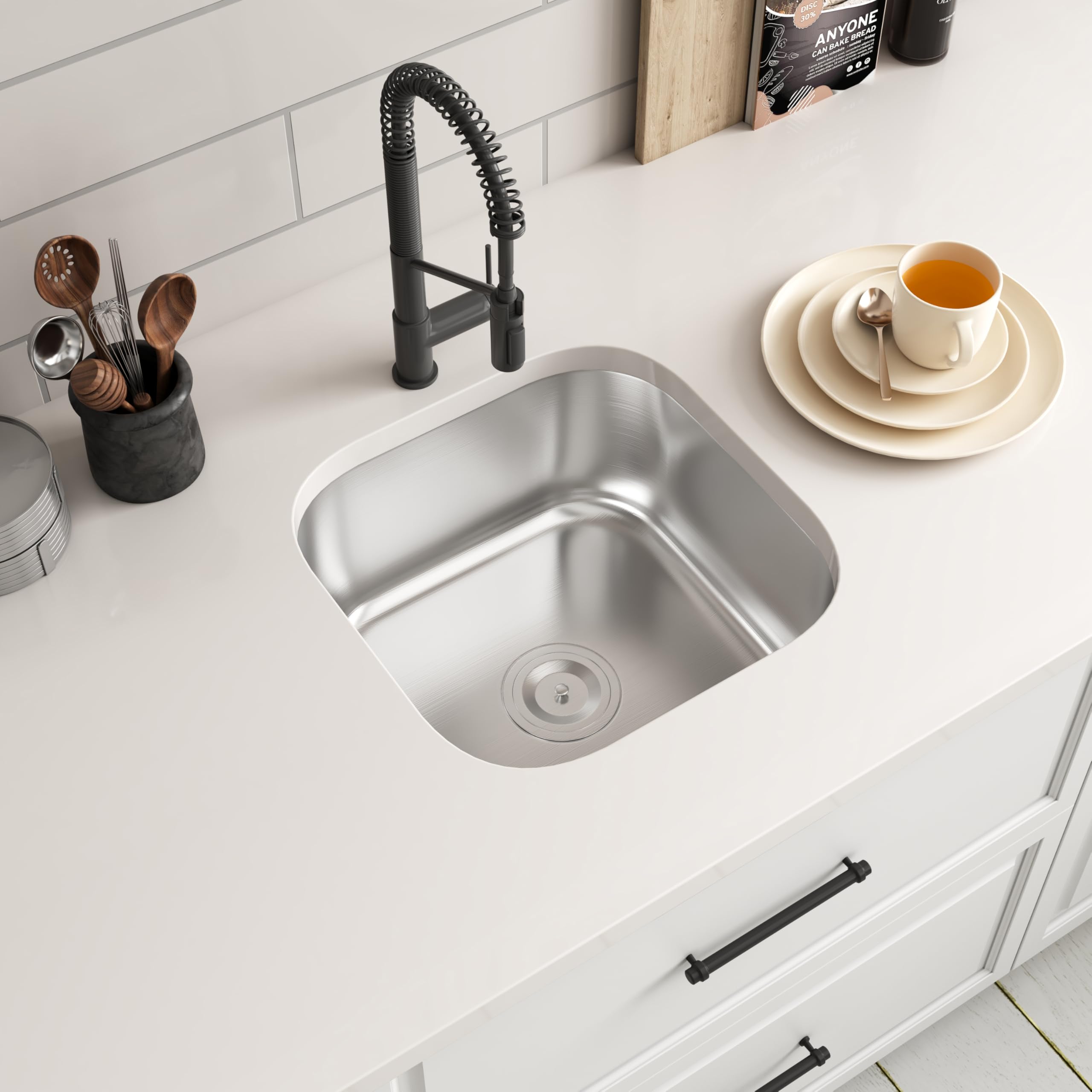 Blenzia 14 Inch Undermount Small Kitchen Sink 18 Gauge Stainless Steel Bar Perp Sink RV Camper Wet Bar Outdoor Laundry Utility Single Bowl Sink with Strainer