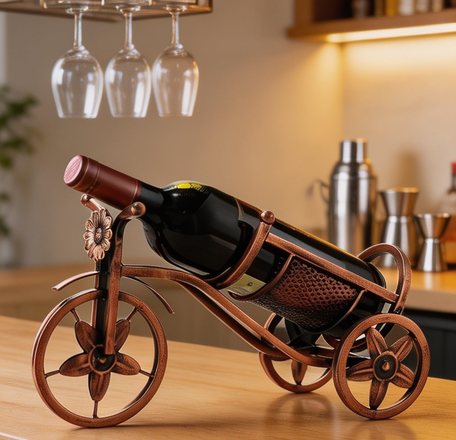 Botellero de Mesa, Soporte de Metal Mate para Botellas de Vino con Colgador de Copas, Expositor de Mostrador para Fiestas y Bodas(B-1btl*0cup-Bronze)