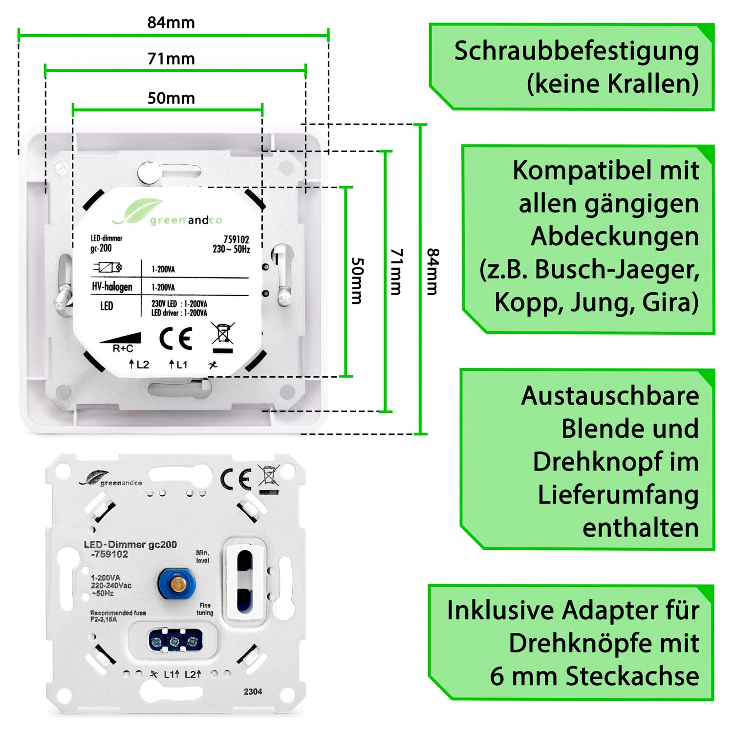 2 Stück greenandco gc-200 | Unterputz LED und Halogen Dimmer | 1-200 Watt | auch für herkömmliche Leuchtmittel | für Wechselschaltungen geeignet | weiß