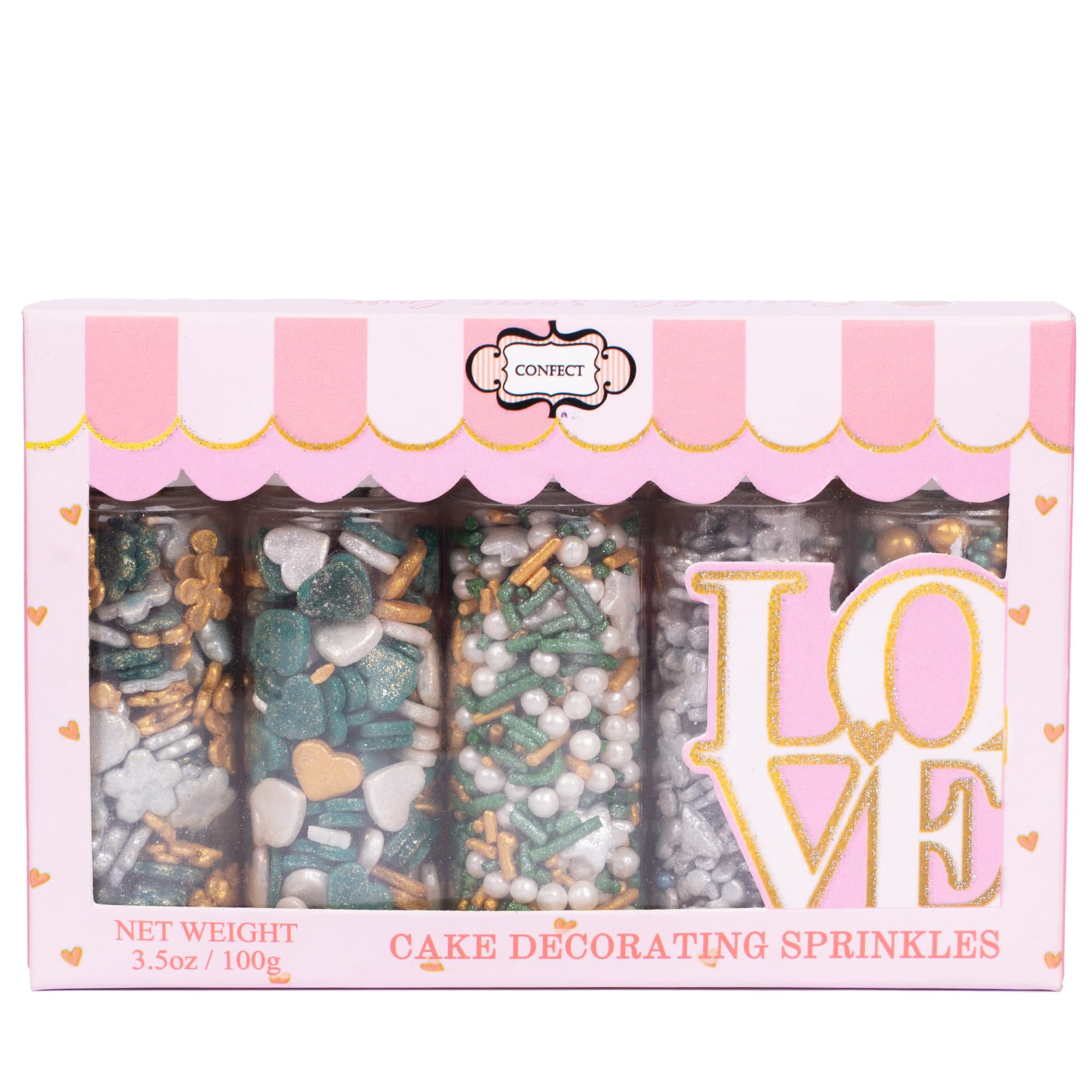 Confect Christmas Sprinkles | White, Grey, Gold & Holly Green Mix | Edible Pearl, Heart & Flower Shaped Sprinkles | Holiday Cake & Cupcake Decorations- 5 Oz