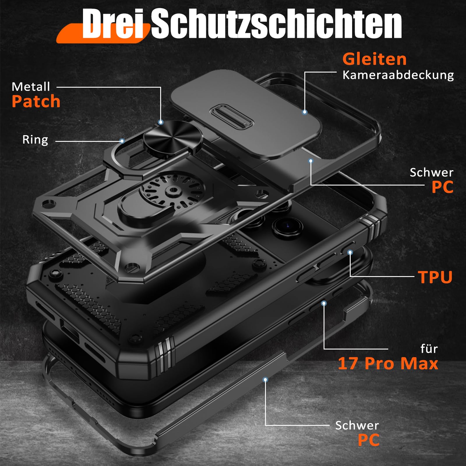 Giyer Handyhülle für iPhone 17 Pro Max Hülle mit Schutzfolie, Panzerhülle Case mit Kameraschutz 360° Metall Ring Ständer Stoßfest Bumper Schutzhülle für iPhone 17 Pro Max 5G Cover Tache (Schwarz)