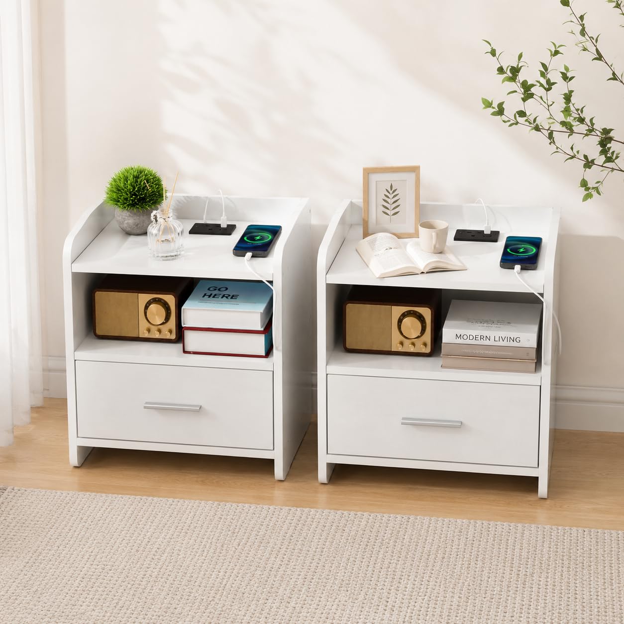 Bonnlo Set of 2 Bedside Table with LED Light,1 Storage Drawer Nightstand for Bedroom Bedside Cabinet with 1 British Plug, 2 USB Sockets, Open Compartment Nightsatnd, White