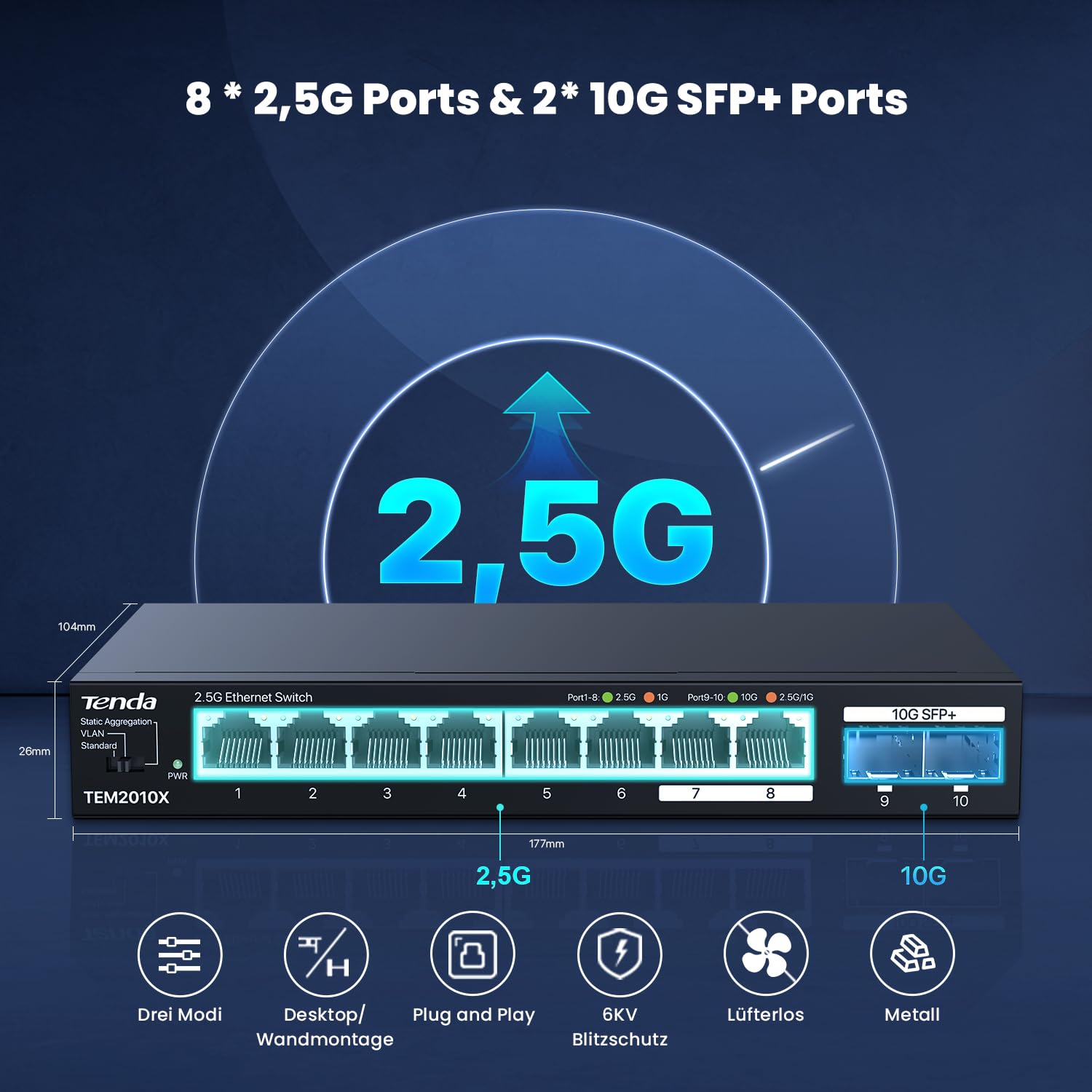 Tenda 2.5 Gbit Switch mit 8X 2.5G Ports & 2X 10G SFP+ Ports (VLAN, Statische Aggregation, Lüfterlos, Plug & Play, Desktop-/Wandmontage, Unmanaged, Metallgehäuse) (TEM2010X)