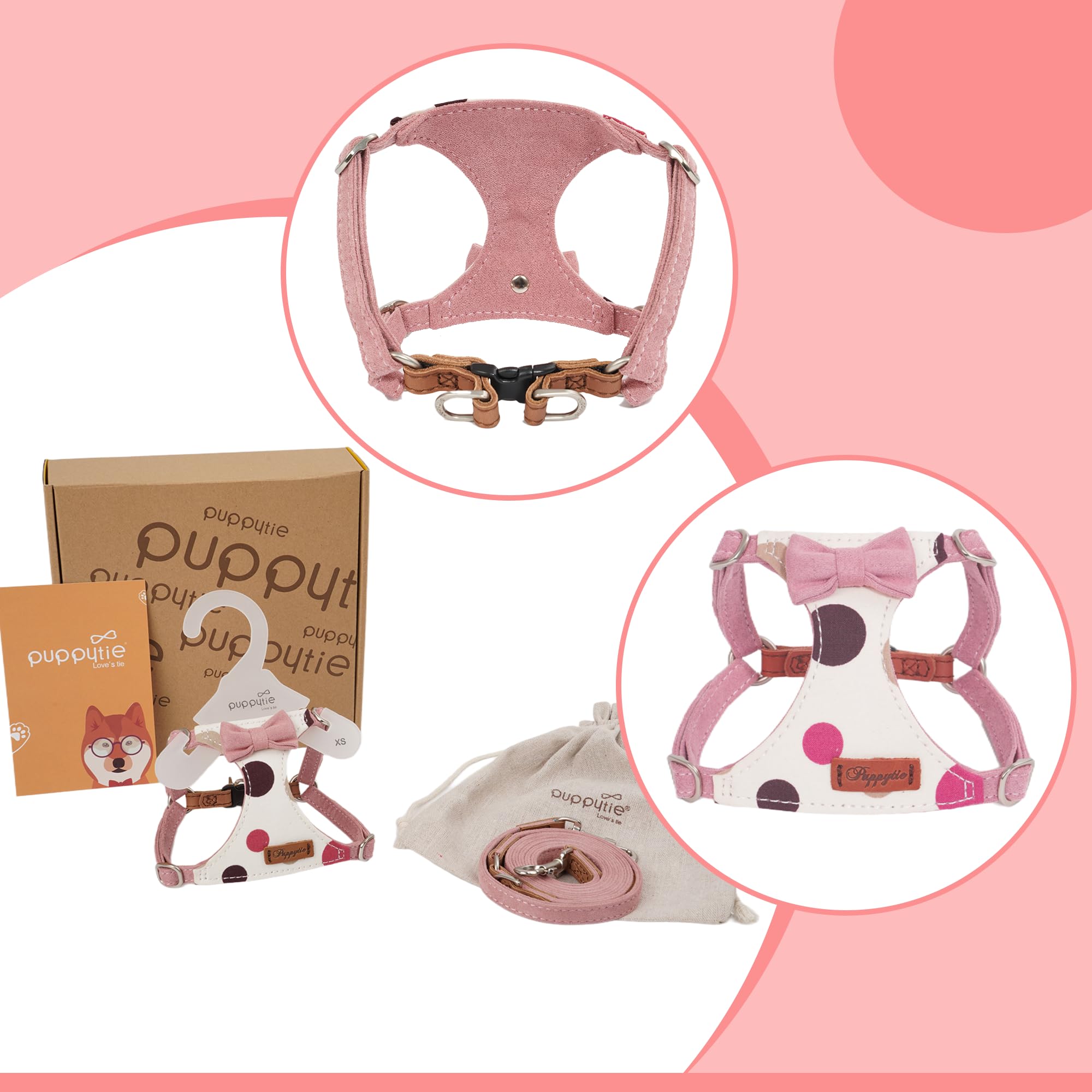 Puppytie Juego de arnés y correa para perro pequeño, lunares rosados, M (16-31 libras) | Arnés para perro de tamaño pequeño, suave y ligero, correa multifunción para perro, arnés para perro de tamaño mediano