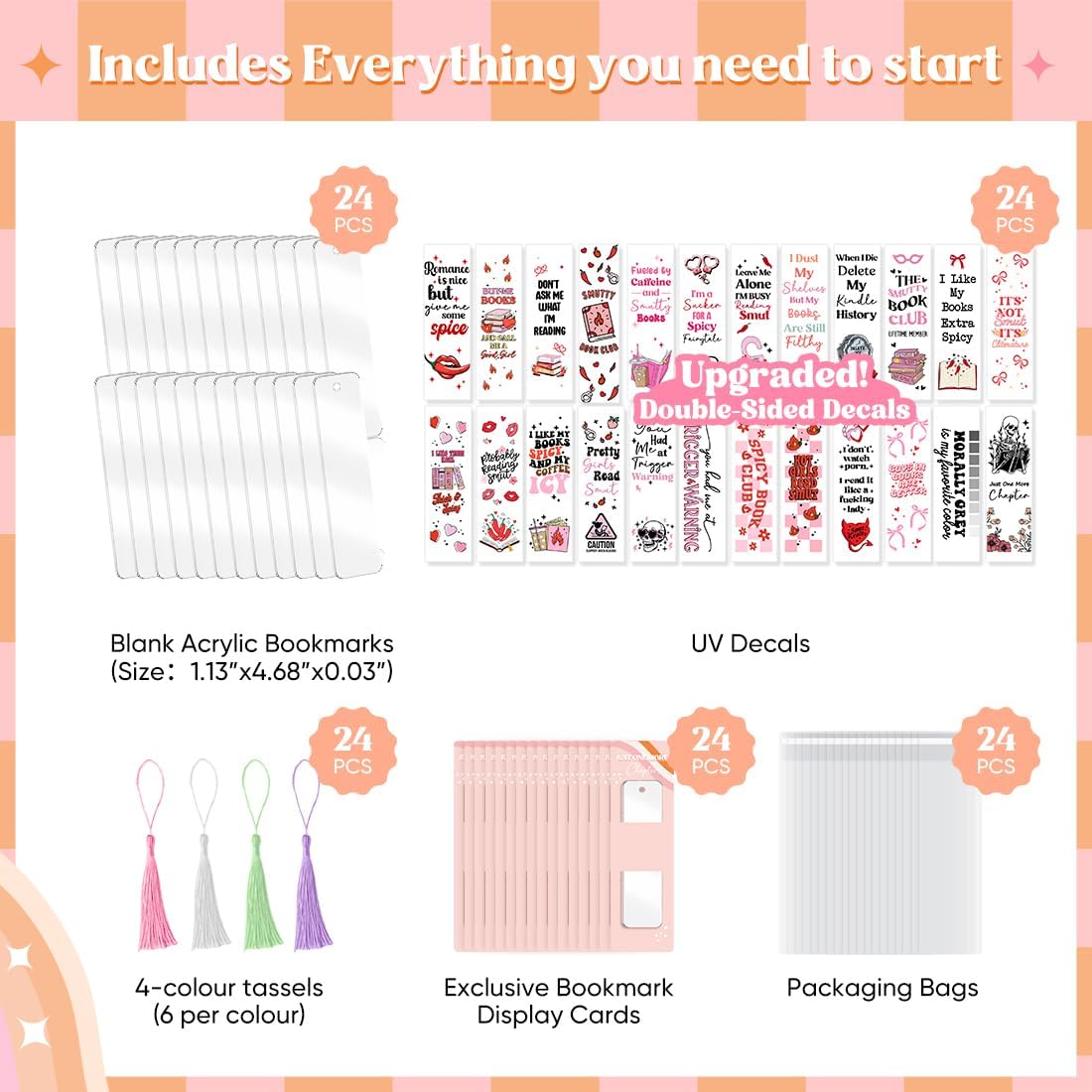Kaciola 24 Acrylic Bookmark Blanks with 24 UV DTF Stickers About Smutty Theme and 4 Colors Tassels,Blank Bookmarks UV DTF Transfers Stickers for DIY Crafts Hanging Tag Gift Bookmarks DIY