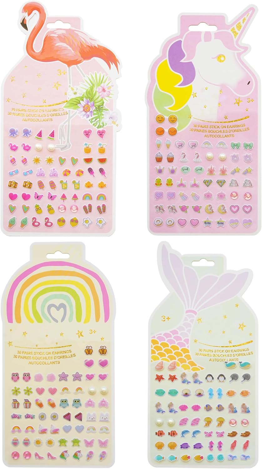 Stick On Earrings – Girls 3D Unicorn Sticker Earrings Self-Adhesive Glitter Craft Gem Stickers (Multistyle Theme Set)
