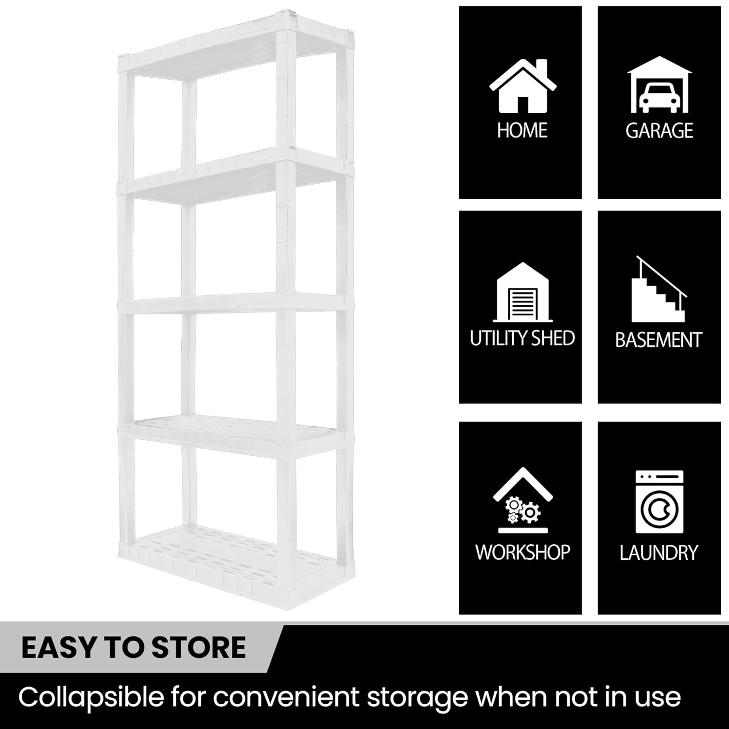 Oskar Heavy Duty Plastic Storage Shelves- for Garage, Kitchen, Bathroom Basement, Kids Room, Stackable 5-Tier White Organizer Rack for Books Shoes, Toys, Pantry, Cleaning and Closet Organization