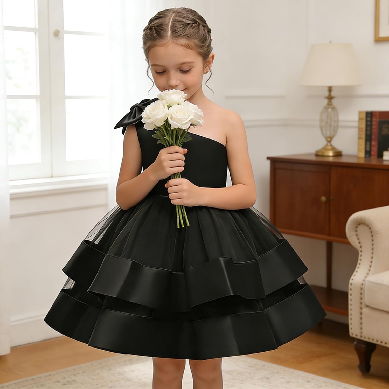 KLFFLGID Girls Flower Dress Sleeveless One Shoulder Princess Birthday Party Prom Ball Gown - Image 2