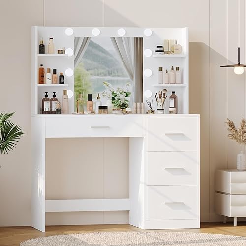Miniatura 7 de Irontar Escritorio de tocador, tocador de maquillaje con 10 luces LED y 4 cajones, brillo ajustable, tocador con 6 espacios abiertos, mesa de