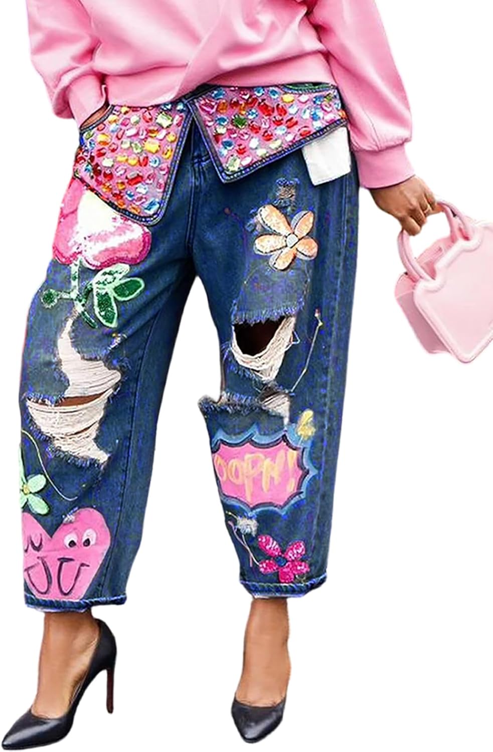 Women's Barrel Jeans Wide Leg High Waist Rhinestone Floral Horseshoe Ripped Baggy Cropped Jeans Denim Pants