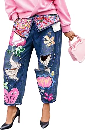 Women's Barrel Jeans Wide Leg High Waist Rhinestone Floral Horseshoe Ripped Baggy Cropped Jeans Denim Pants