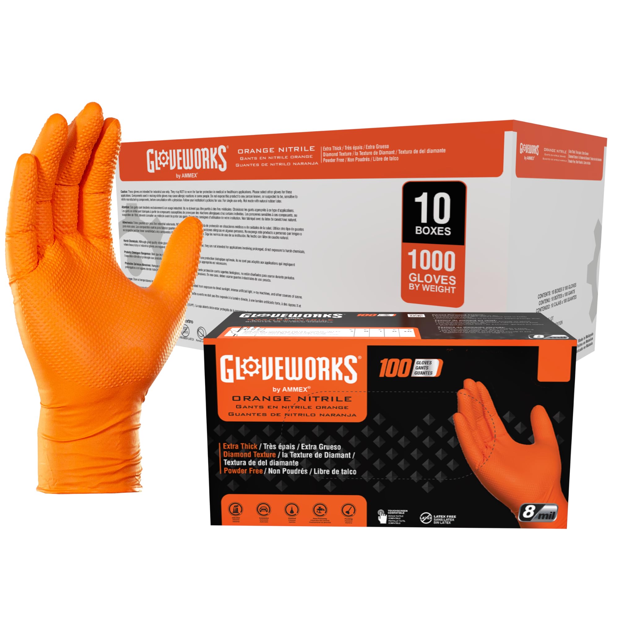 GLOVEWORKS Orange Nitrile Work Gloves, 8 Mil Disposable Heavy Duty
