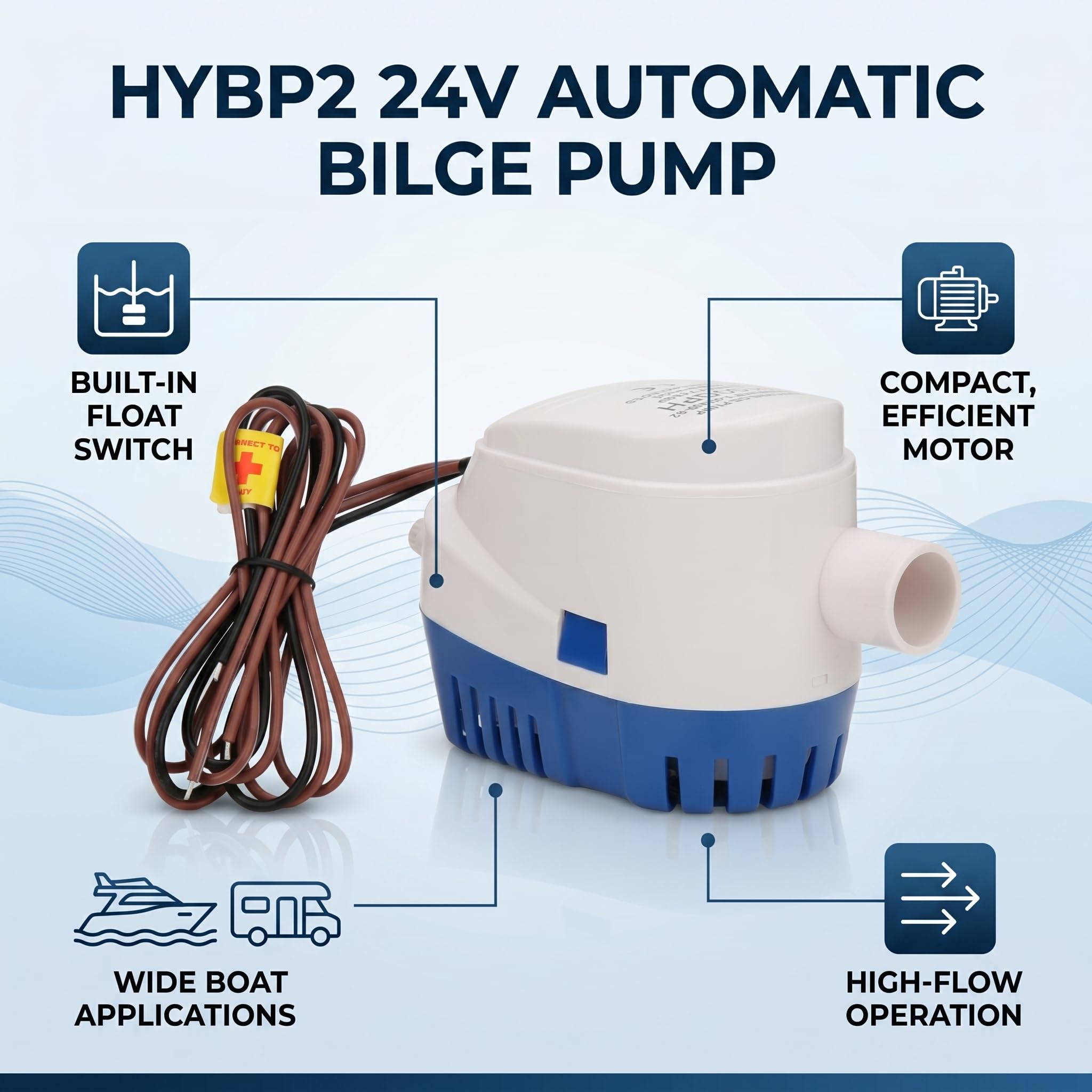 Pompa marina per barche da 24 V, HYBP2 G1100-02 Pompe di sentina automatiche Silenzioso Completamente sommergibile
