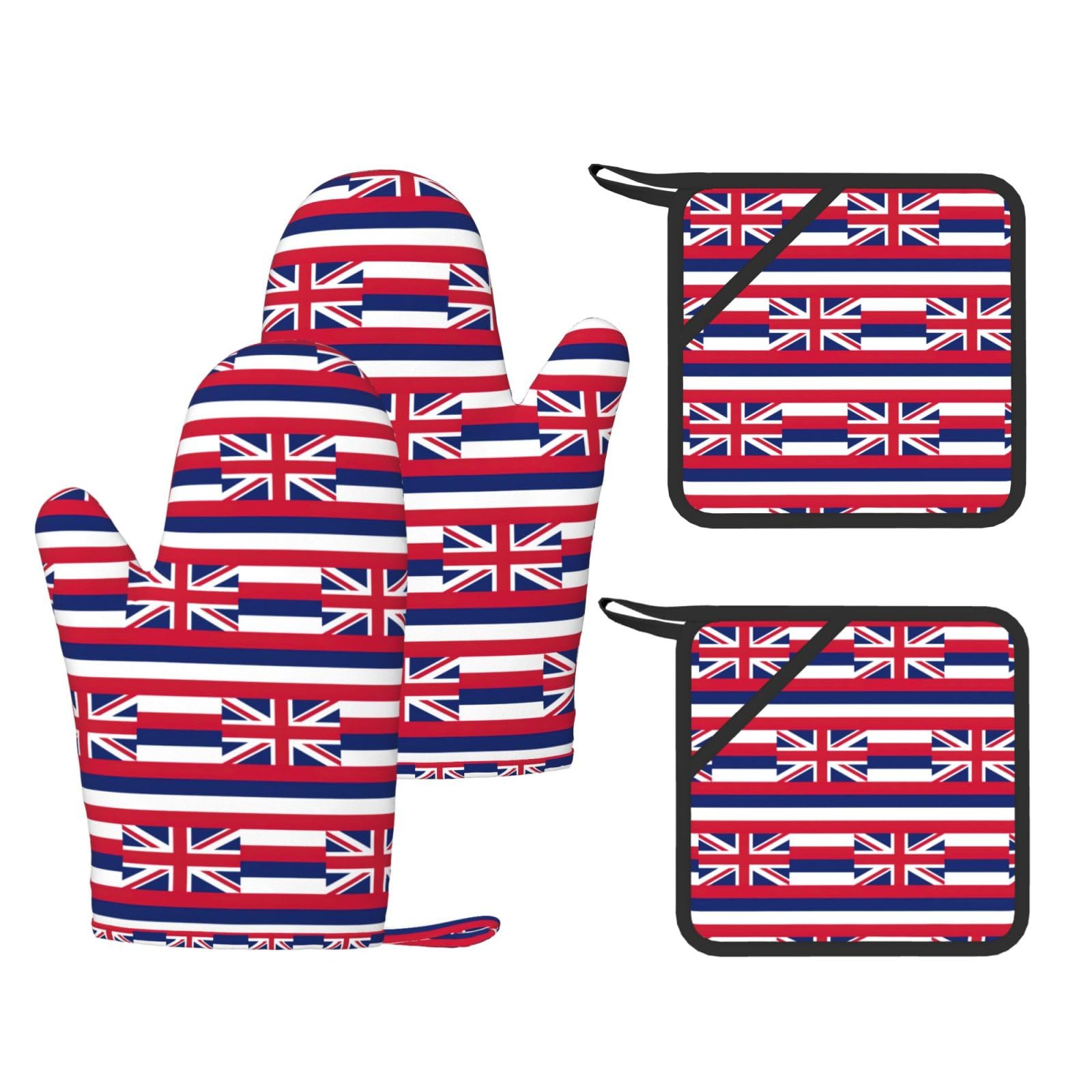 Hawaii Flag Printed Kitchen Oven Gloves and Potholder 4 Pcs, Non-Slip Heat Resistant Mitts for Baking Chef