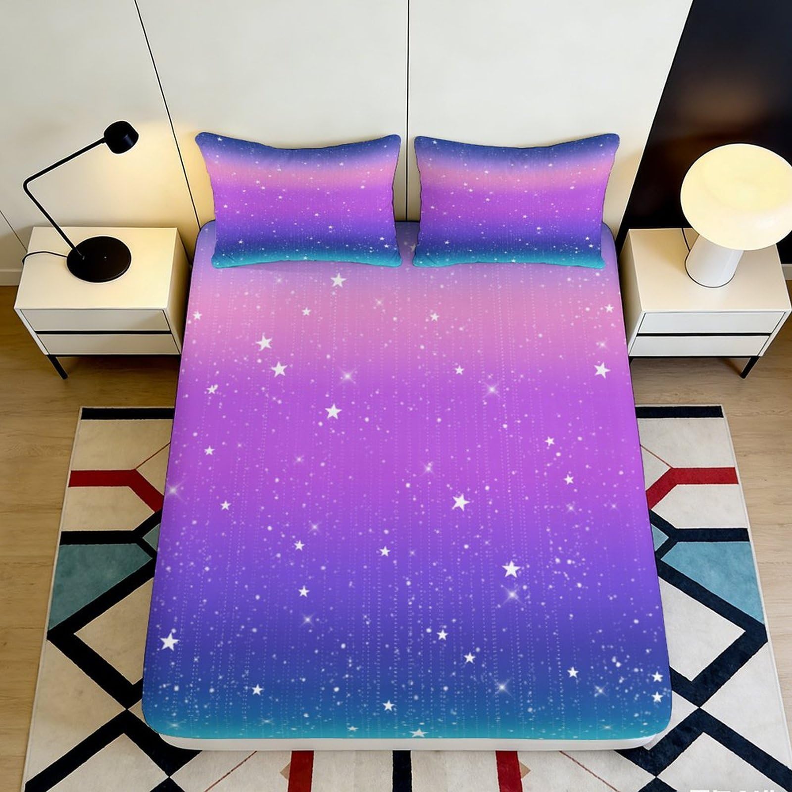 3D Printed Galaxy Starry Sky Fitted Sheet Microfiber Soft Durable Cosmic Nebula Bed Sheet for Bedroom Dormitory Guest Room Mattress Protection 90x200x25cm