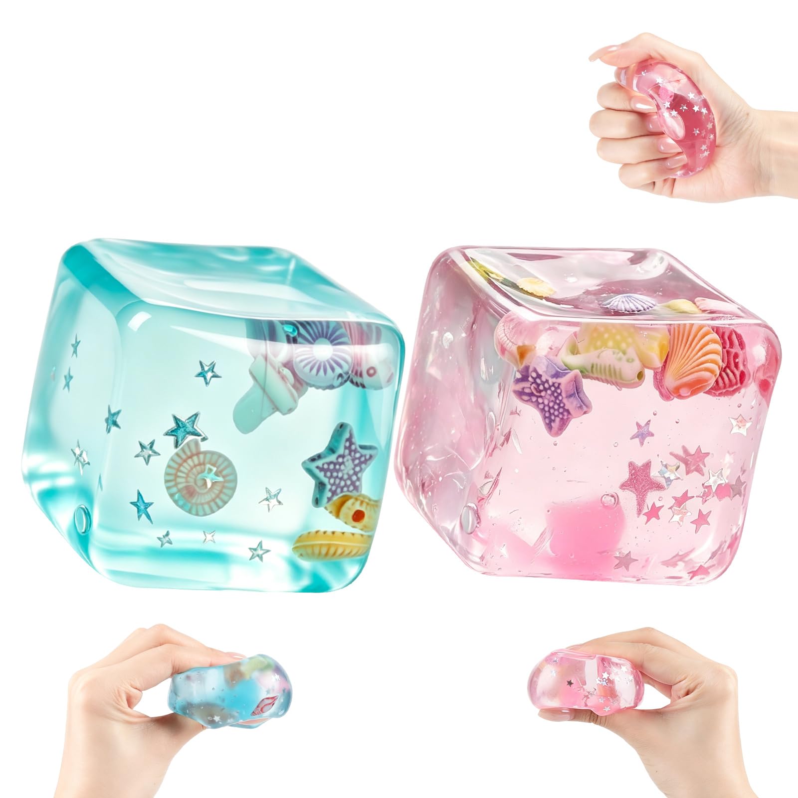 Ice Cube Stress Ball Fidget Toy - Slow Rise Cube Squishy Fidget Toy, Ocean Shells Squishies Inside Sensory Stress Relief Ice Cube-Ball Toys, Squeeze Ball for Adults, Teens (Green & Pink)