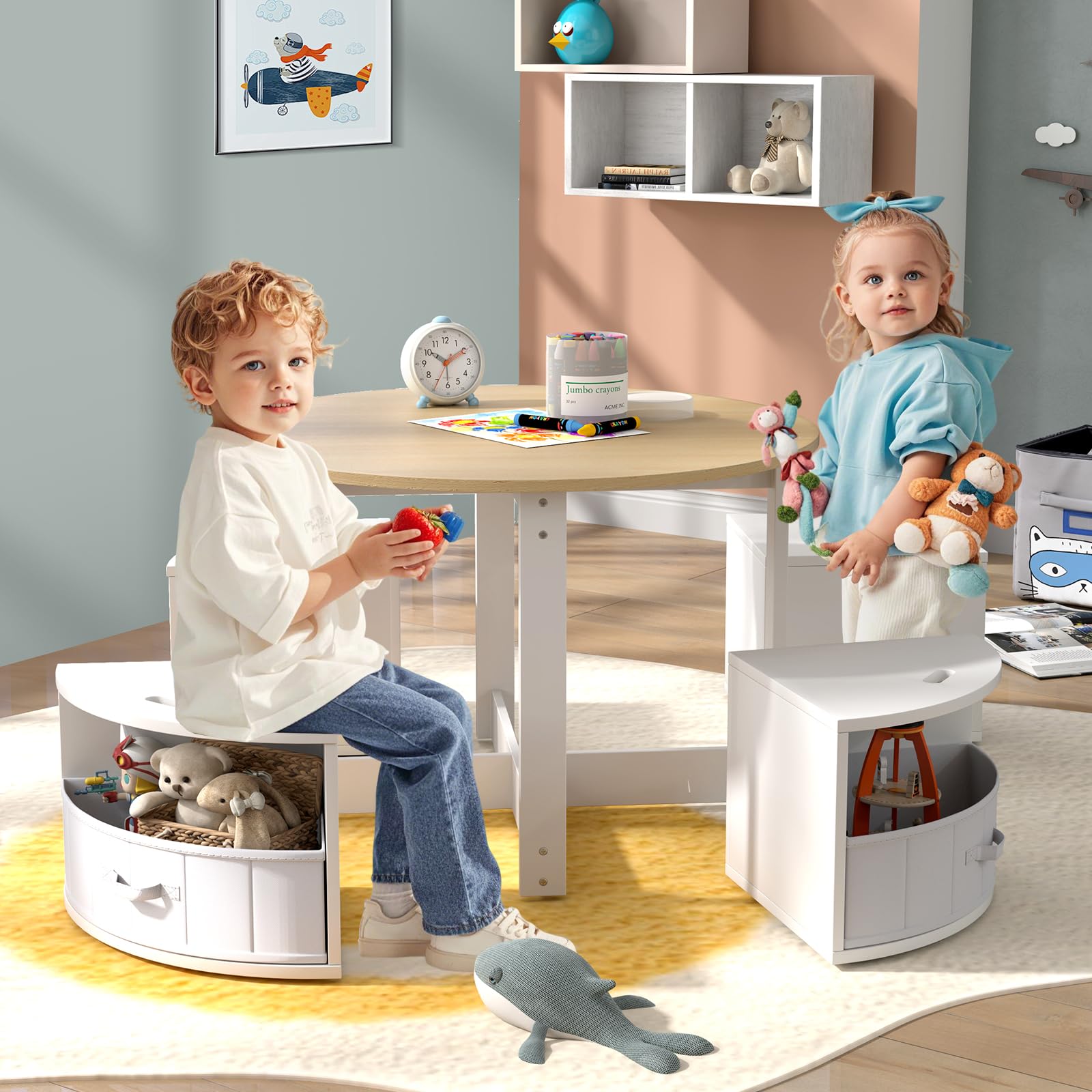 COSTWAY Table Enfant Ronde avec 4 Chaises Empilables, Table d’Activité en Bois avec 4 Tiroirs en Tissu Pliable, Bureau Montessori pour Salle de Jeux Chambre d'enfant, Charge 50/90 pour 3 Ans+