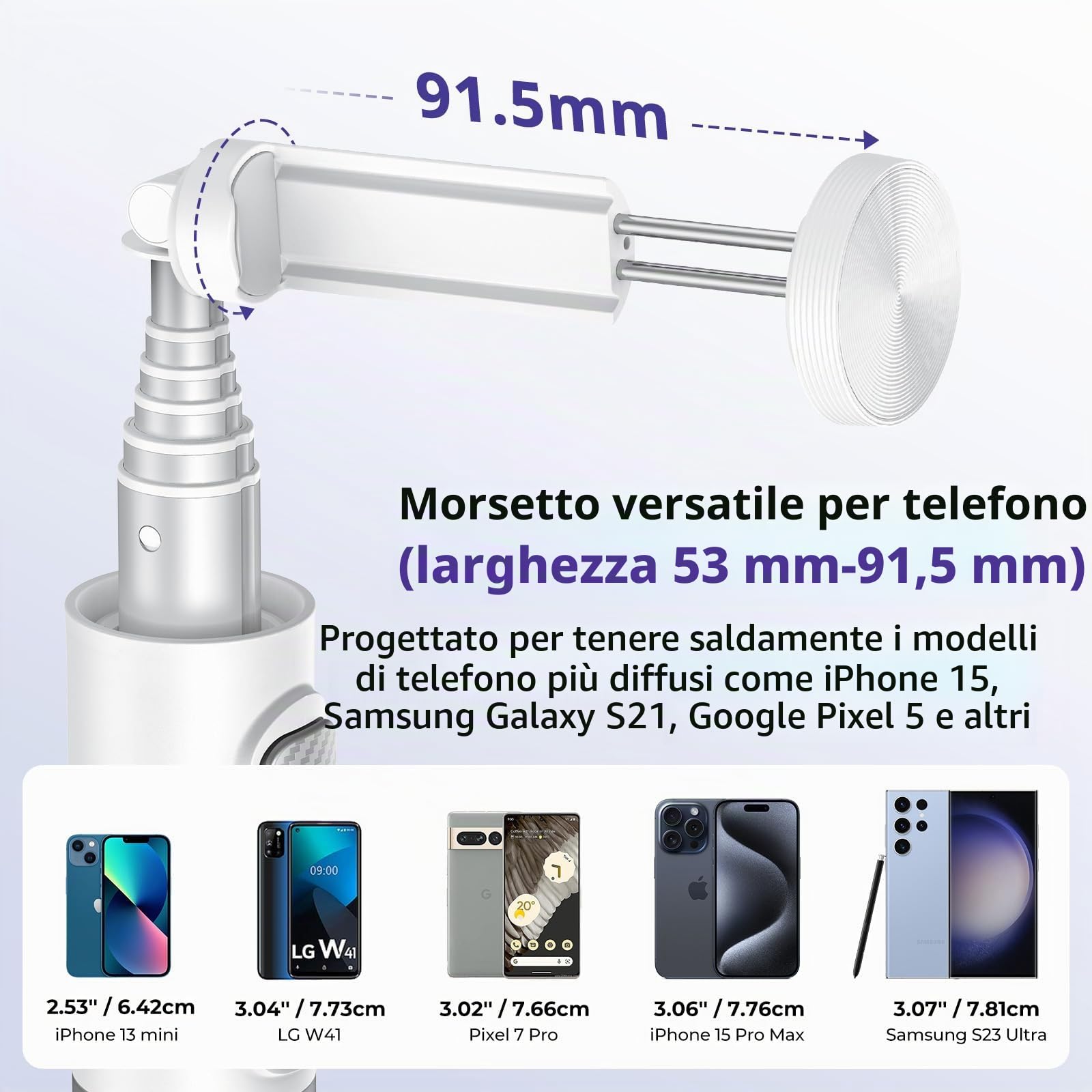 ATUMTEK Bastone Selfie Tripode 174cm, Selfie Stick Alluminio con Telecomando Bluetooth Ricaricabile, Compatibile con Smartphone iPhone e Android, Perfetto per Viaggi, Vlog, Video e Foto, Bianco
