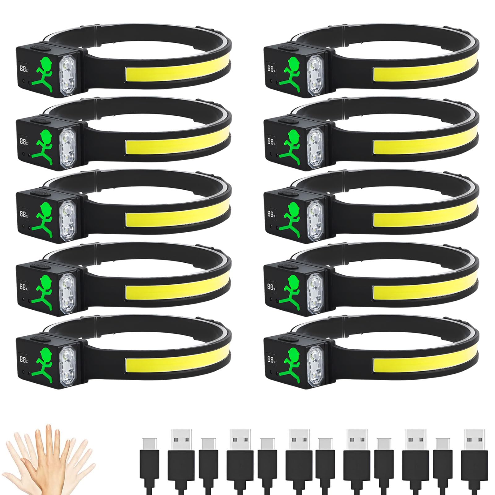 Linterna frontal LED recargable, sensor de movimiento COB de 230°, faros delanteros para frente, luz de casco duro para adultos, linterna LED para el trabajo, correr, senderismo, camping, equipo