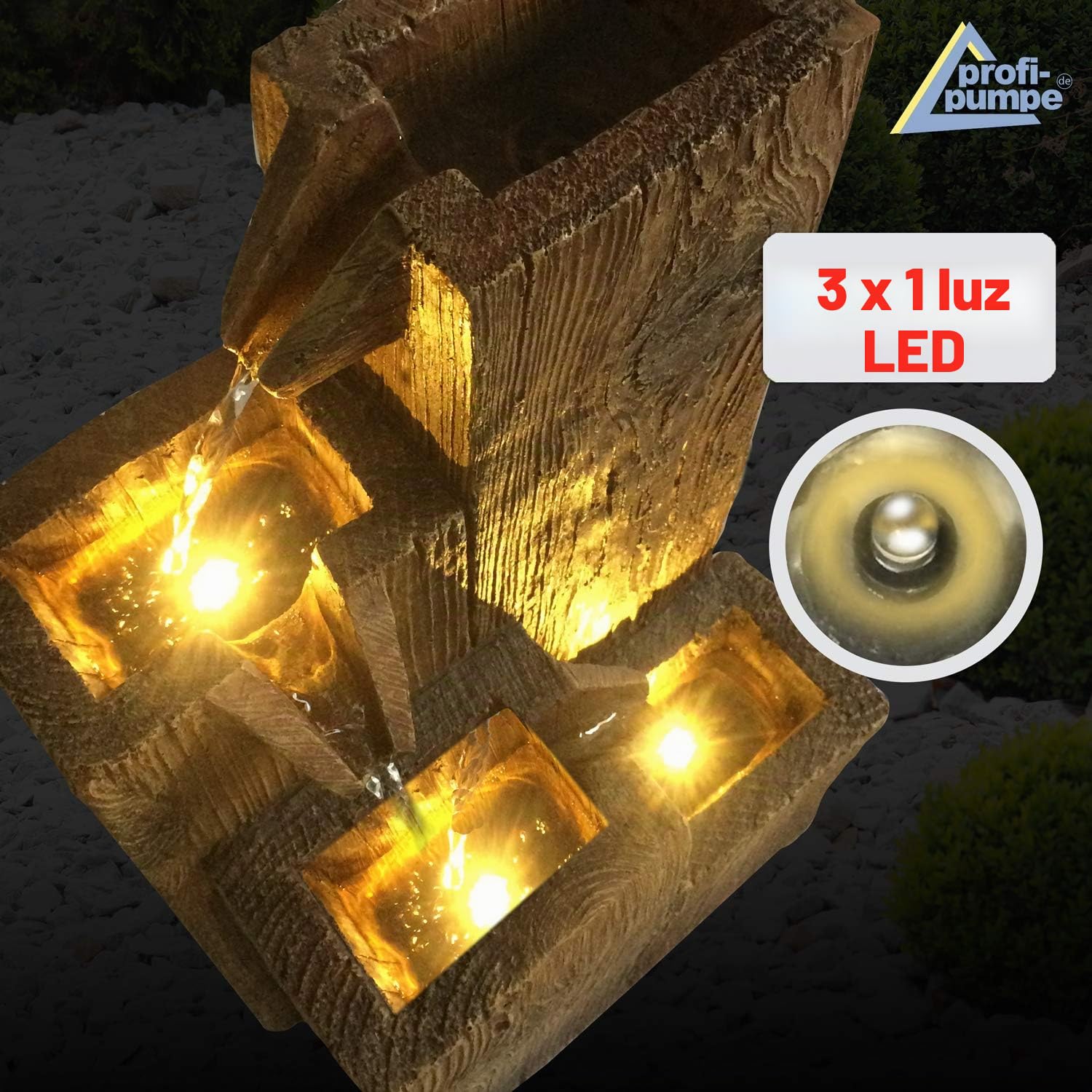 Fuente Decorativa de Jardín Con Luz LED - Cascada de Agua de 230 V para Interior, Estanque, Terraza (Holz-HÄUSCHEN)