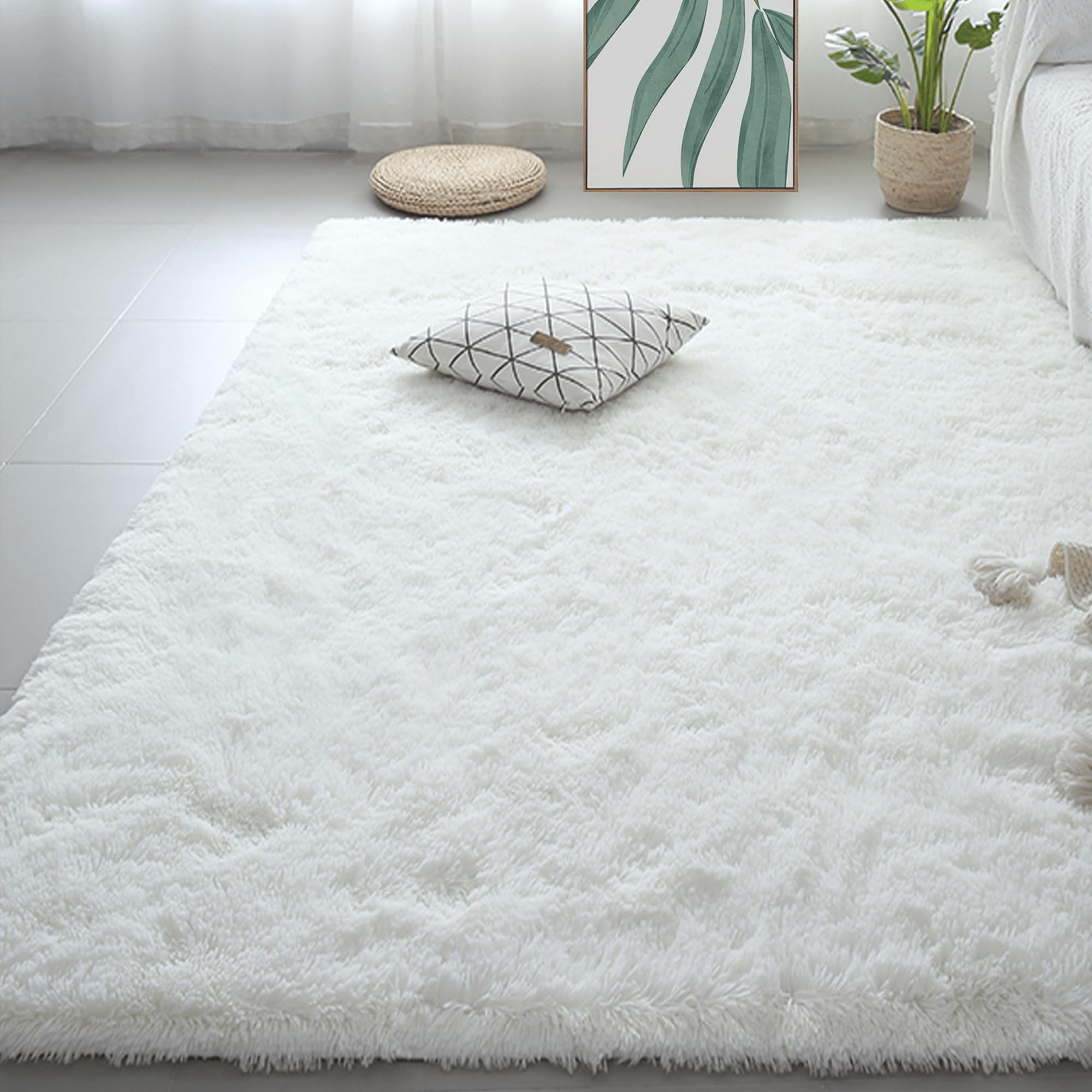 Tapis de salon moelleux pour couloir et chambre à coucher blanc