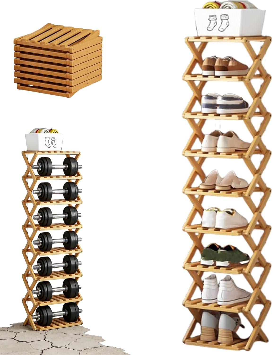 The 9-Tier No-Assembly Bamboo Rack, Accordion Shoe Rack Wooden - Holds 10+ Pairs, Rock-Solid Stability, Bamboo Folding Shoe Rack for Small Spaces, for Entryway Closet Dorm (Nature, 9Tier)