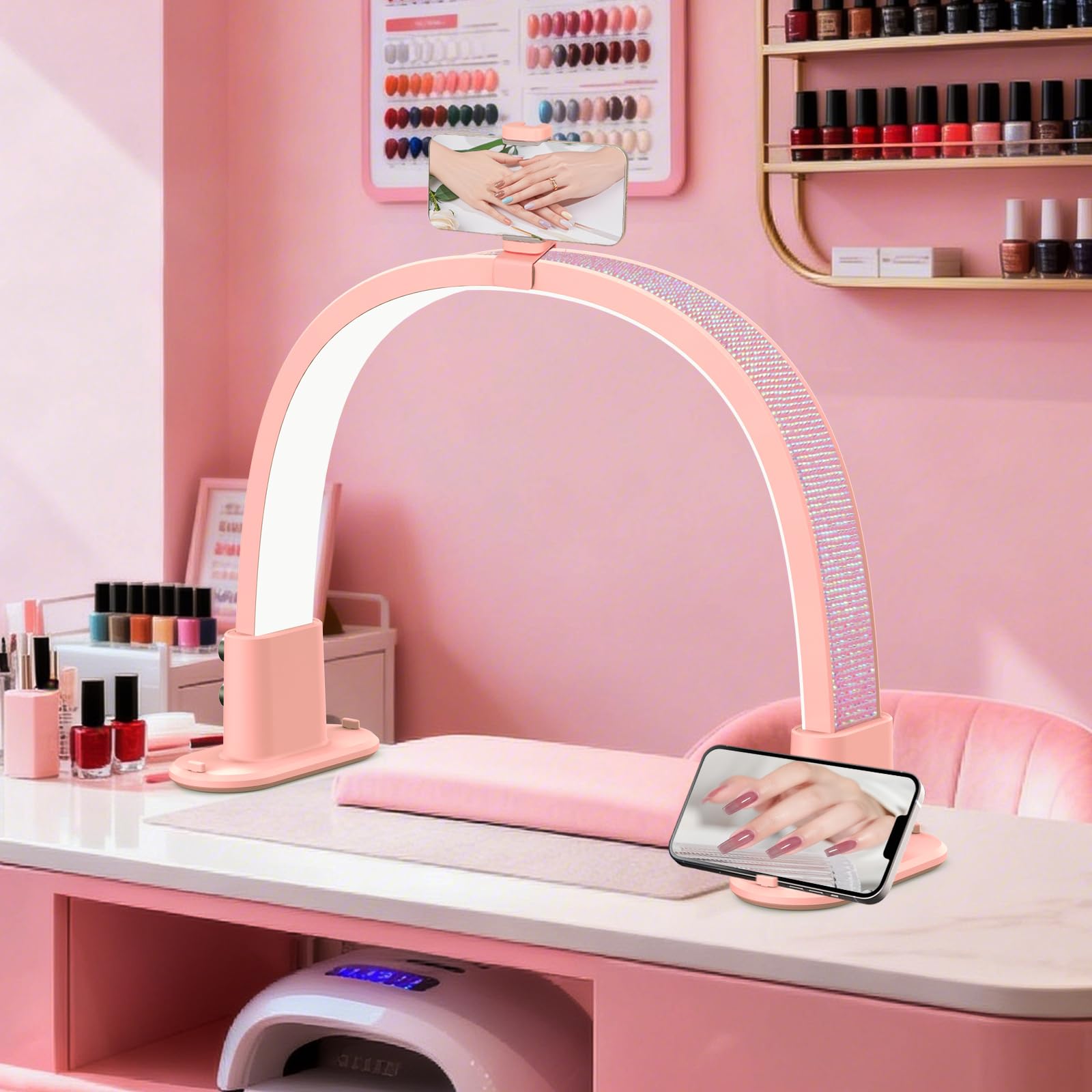 Lampe Demi Lune Onglerie, Lampe Ongles Table Demi-lune, Lampes Esthetique - 3 Modes de Couleur et 10 Niveaux de Luminosité Réglables pour Tatouage, Extensions de cils, Beauté (Rose)