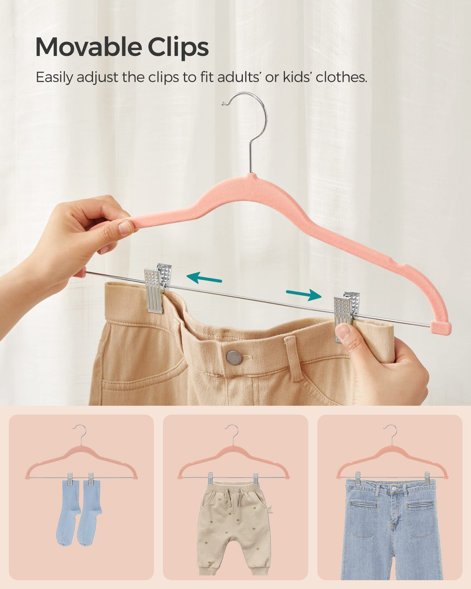 SONGMICS Paquete de 30 Perchas de Terciopelo de 16.7 Pulgadas de Largo con Clips Ajustables, Resistentes, Antideslizantes, Ahorro de Espacio para Pantalones, Faldas, Abrigos, Vestidos, Rosa Claro