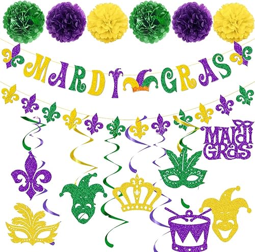 Decoraciones de fiesta de Mardi Gras con purpurina, pancarta de Mardi Gras, flor de lis, banderines colgantes, espirales de papel, pompones de