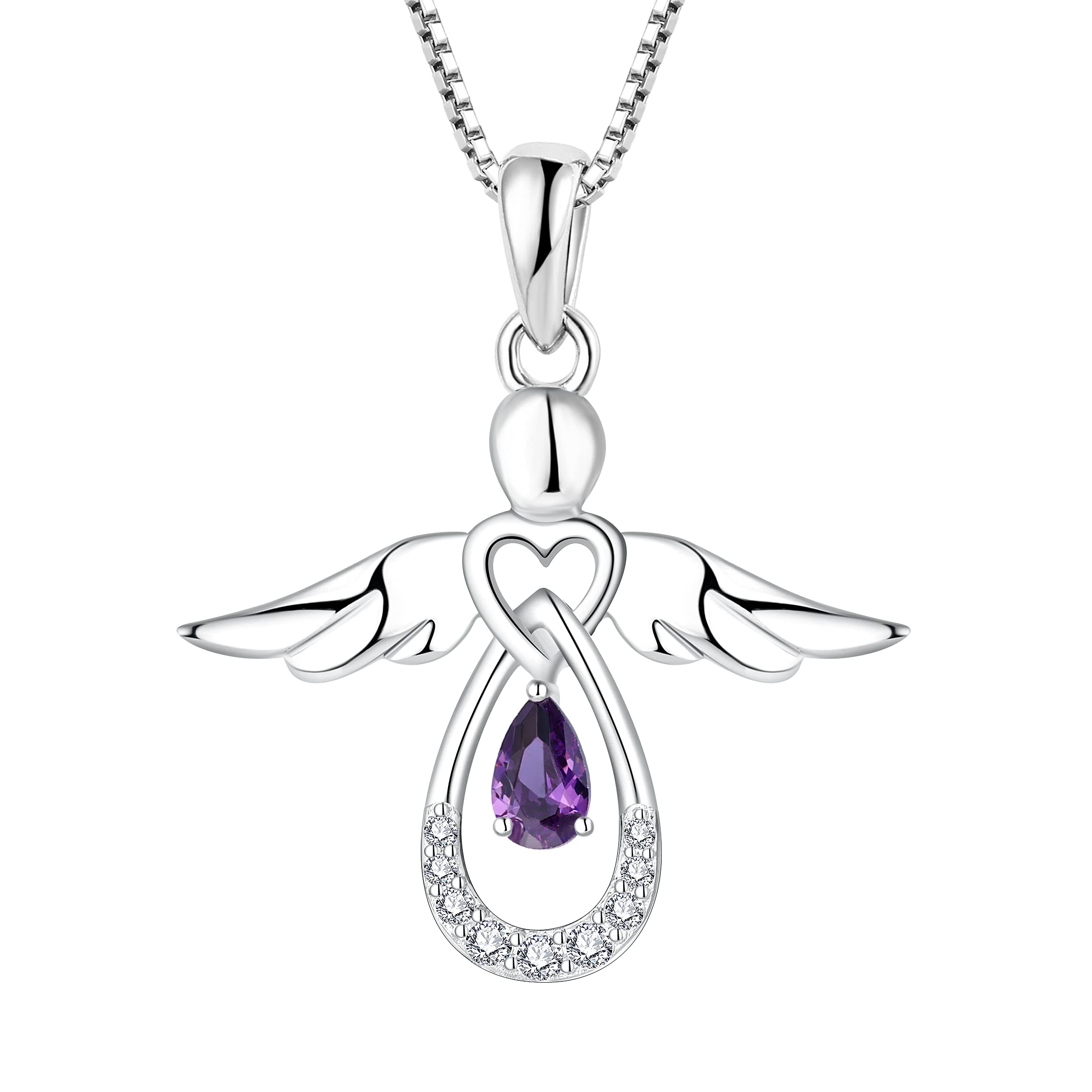 FJ Damen Kette Schutzengel Anhänger Halskette 925 Sterling Silber Engel Kette mit Geburtsstein Zirkonia Schmuck Geschenke für Frauen Mädchen