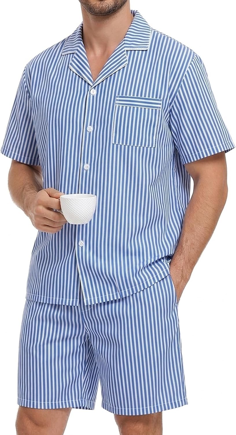 SWOMOG Mens 100% Cotton Pajama Set 2Pcs Button Down Pjs Set Short Sleeve Sleepwear with Pocket Soft Summer Stripe Nightwear