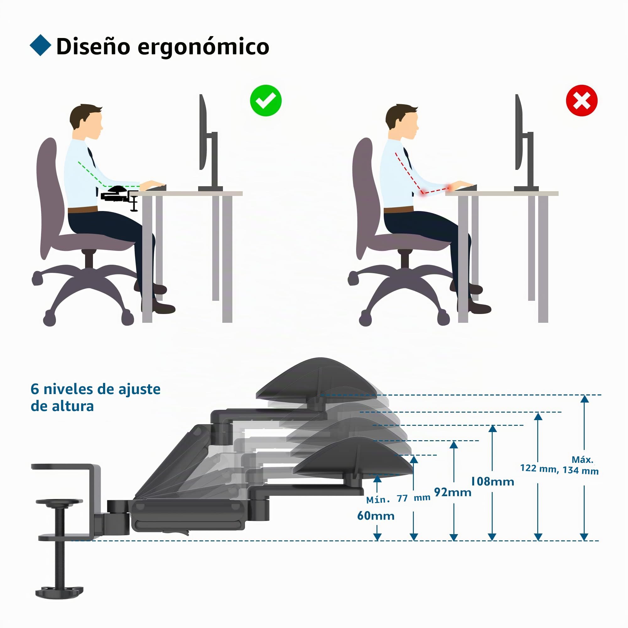BONTEC Soporte Ergonómico para Reposabrazos para Escritorio, Reposabrazos, Soporte Giratorio para Reposamuñecas (Negro), Extensible y Ajustable, Material de Aluminio