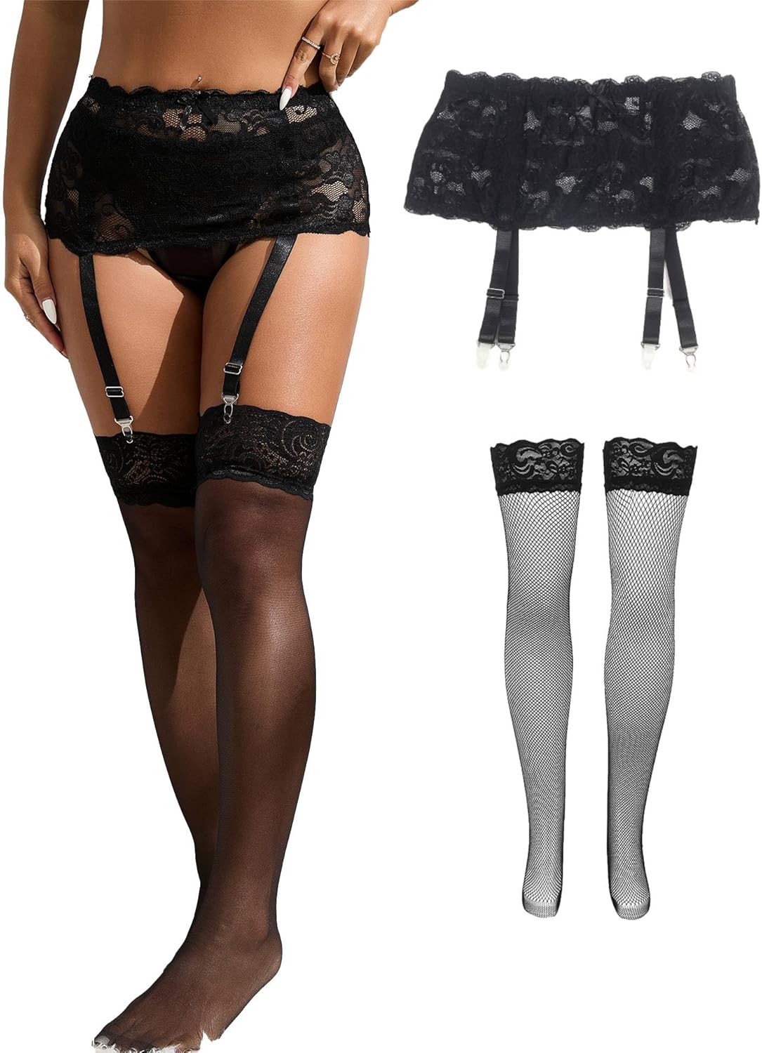 ohyeah Lace Garter Belt for Thigh Highs Plus Size Garter Belt with 4 Straps Metal Clips Garter Lingerie